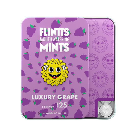 Flintts Mints Luxury Grape F125 tin with grapes on a purple background – GetMints Australia