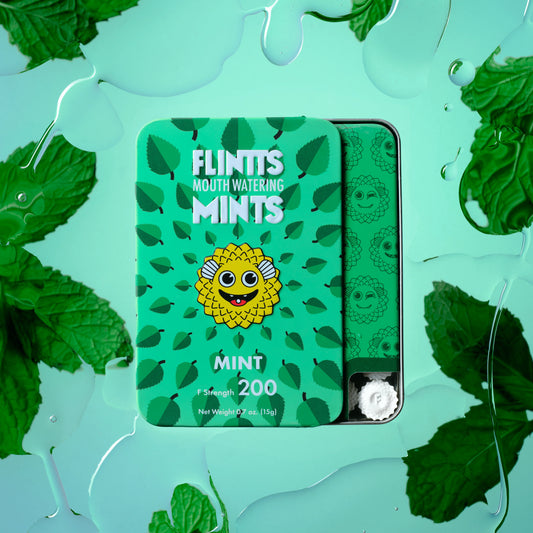 Flintts Mints Mint F200 tin with mint leaves on a cool green background – GetMints Australia