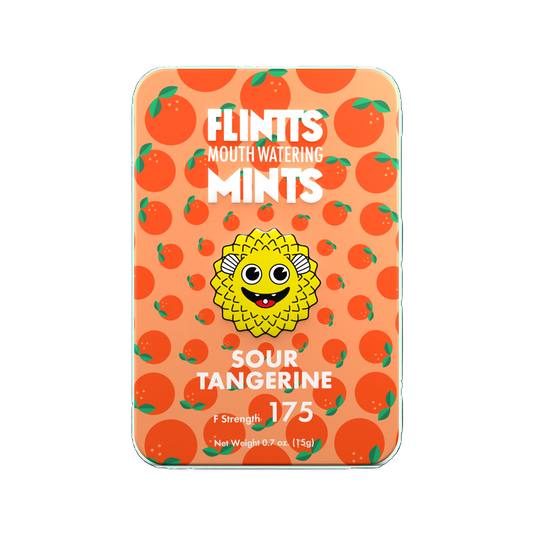 Flintts Mints Tangerine F150 tin with citrus slices on orange background – GetMints Australia